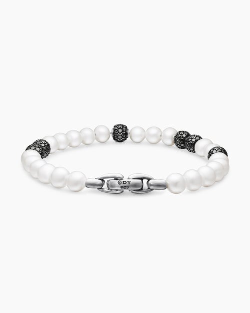 Mens Spiritual Beads Bracelet in Sterling Silver with Pearls and Pavé Black Diamonds, 6mm