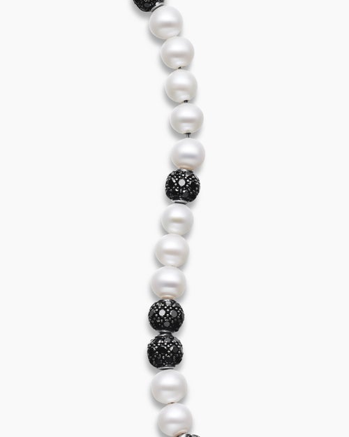 Mens Spiritual Beads Bracelet in Sterling Silver with Pearls and Pavé Black Diamonds, 6mm