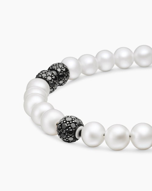 Mens Spiritual Beads Bracelet in Sterling Silver with Pearls and Pavé Black Diamonds, 6mm