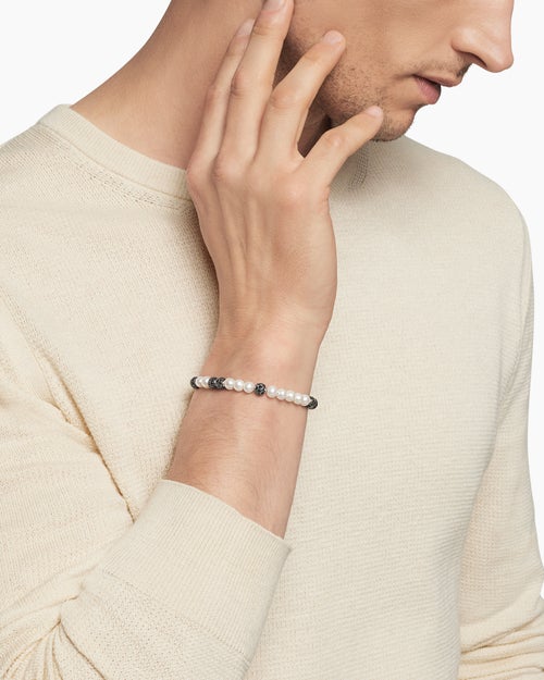 Mens Spiritual Beads Bracelet in Sterling Silver with Pearls and Pavé Black Diamonds, 6mm