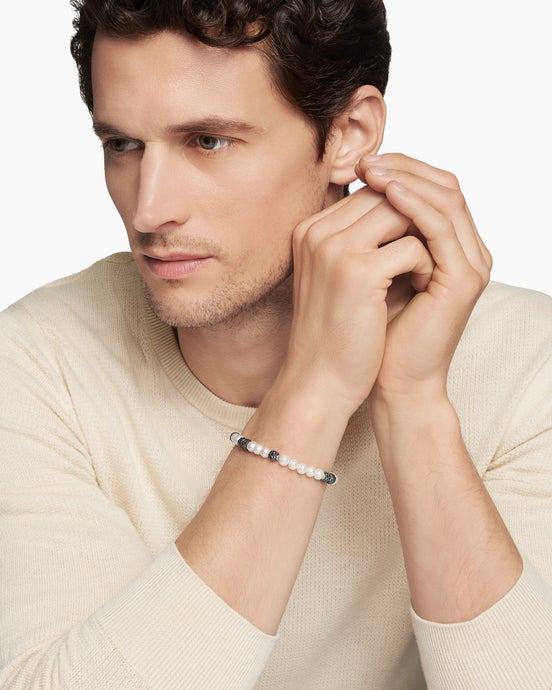 Spiritual Beads Bracelet in Sterling Silver with Pearls and Pavé Black Diamonds, 6mm