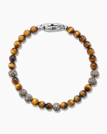 Spiritual Beads Bracelet in Sterling Silver with Tiger’s Eye and Pavé Cognac Diamonds, 6mm
