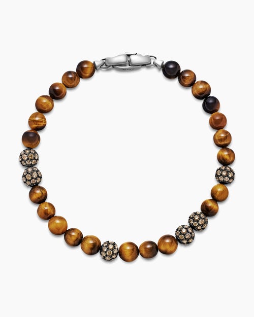 Mens Spiritual Beads Bracelet in Sterling Silver with Tiger’s Eye and Pavé Cognac Diamonds, 6mm