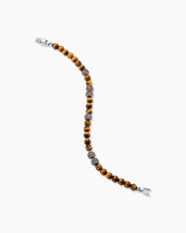 Spiritual Beads Bracelet in Sterling Silver with Tiger’s Eye and Pavé Cognac Diamonds, 6mm