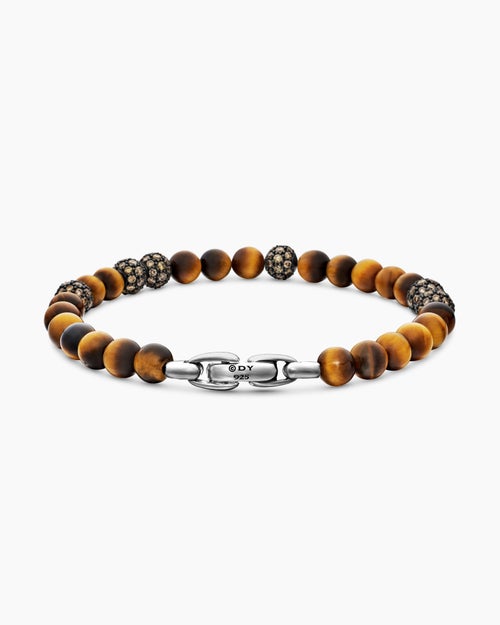 Mens Spiritual Beads Bracelet in Sterling Silver with Tiger’s Eye and Pavé Cognac Diamonds, 6mm