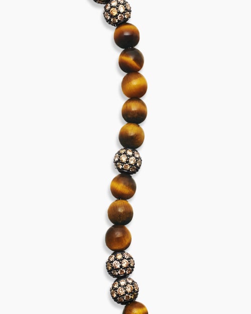 Mens Spiritual Beads Bracelet in Sterling Silver with Tiger’s Eye and Pavé Cognac Diamonds, 6mm