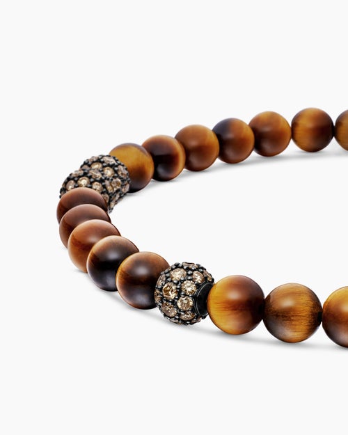 Mens Spiritual Beads Bracelet in Sterling Silver with Tiger’s Eye and Pavé Cognac Diamonds, 6mm