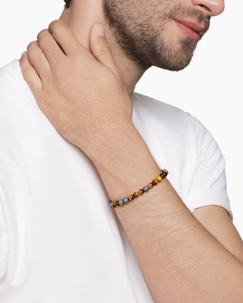 Mens Spiritual Beads Bracelet in Sterling Silver with Tiger’s Eye and Pavé Cognac Diamonds, 6mm