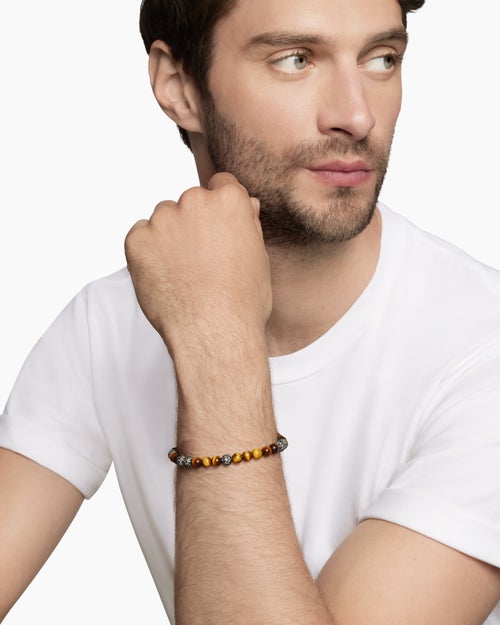 Mens Spiritual Beads Bracelet in Sterling Silver with Tiger’s Eye and Pavé Cognac Diamonds, 6mm
