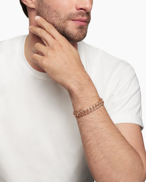 Mens Curb Chain Bracelet in 18K Rose Gold with Cognac Diamonds, 11.5mm