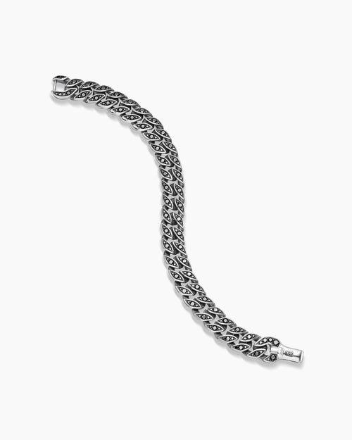 Mens Curb Chain Bracelet in Sterling Silver with Black Diamonds, 11.5mm
