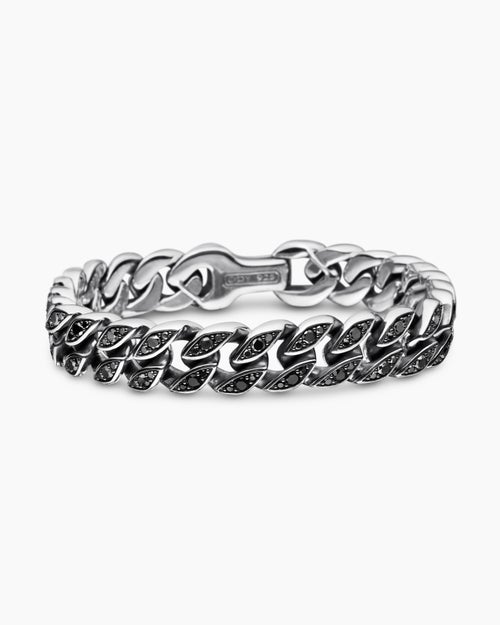 Mens Curb Chain Bracelet in Sterling Silver with Black Diamonds, 11.5mm