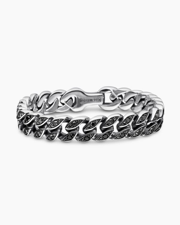 Curb Chain Bracelet in Sterling Silver with Black Diamonds, 11.5mm