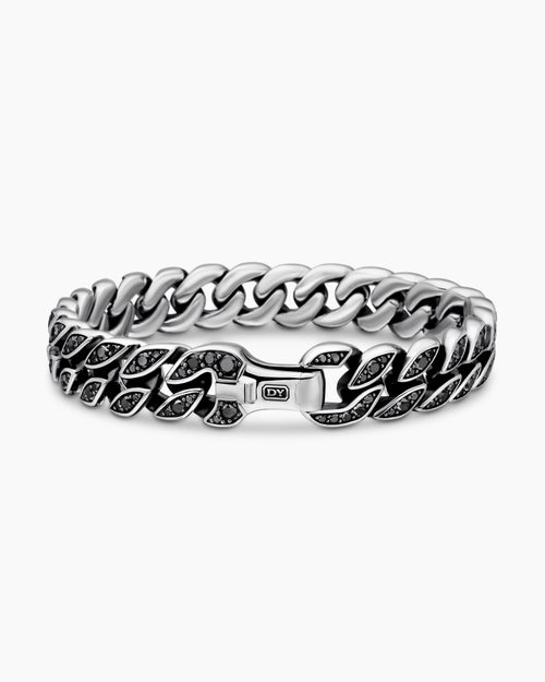 Mens Curb Chain Bracelet in Sterling Silver with Black Diamonds, 11.5mm