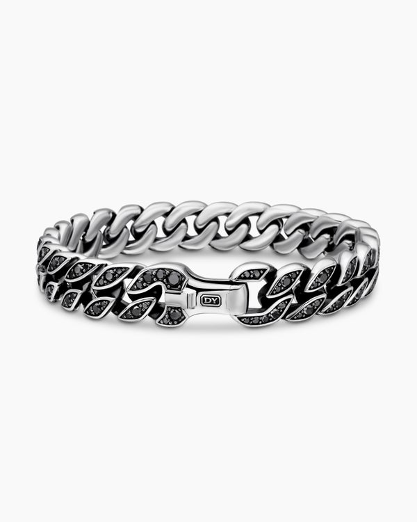Curb Chain Bracelet in Sterling Silver with Black Diamonds, 11.5mm