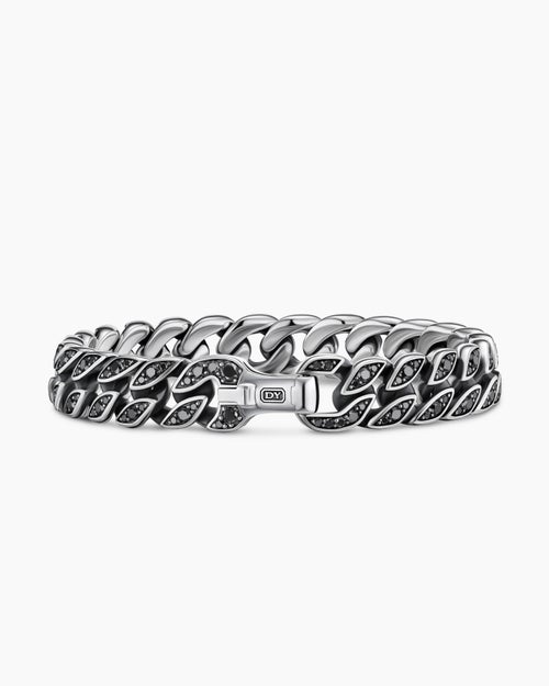 Mens Curb Chain Bracelet in Sterling Silver with Black Diamonds, 11.5mm