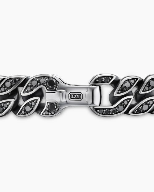 Mens Curb Chain Bracelet in Sterling Silver with Black Diamonds, 11.5mm