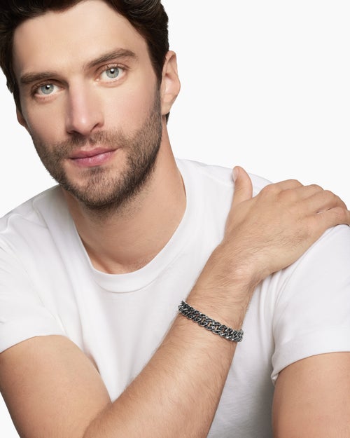 Mens Curb Chain Bracelet in Sterling Silver with Black Diamonds, 11.5mm