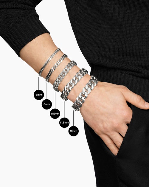 Mens Curb Chain Bracelet in Sterling Silver with Black Diamonds, 11.5mm