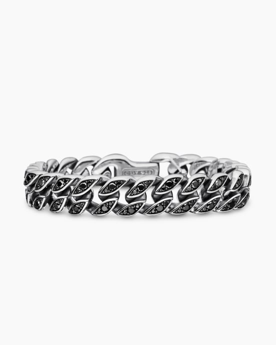 Curb Chain Bracelet in Sterling Silver with Black Diamonds, 11.5mm