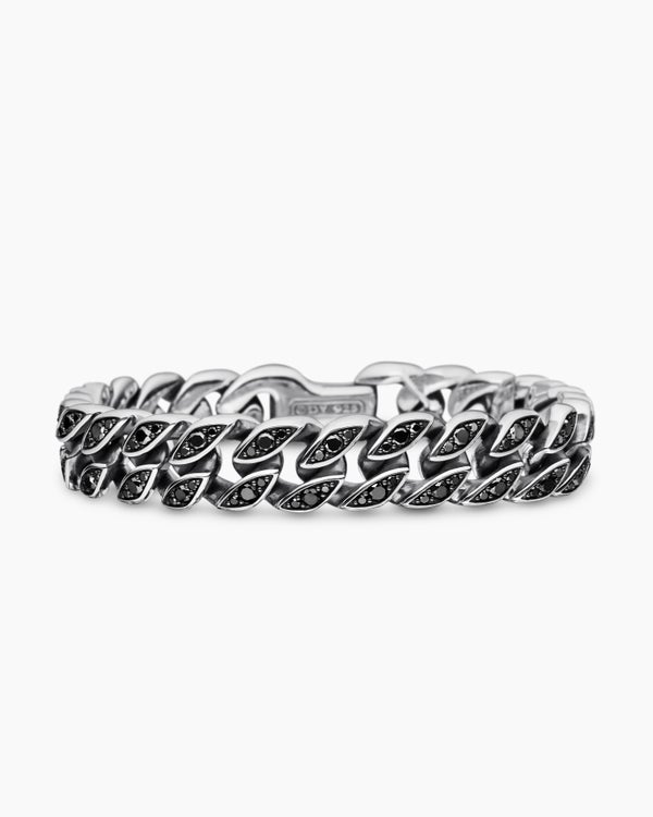 Curb Chain Bracelet in Sterling Silver with Black Diamonds, 11.5mm