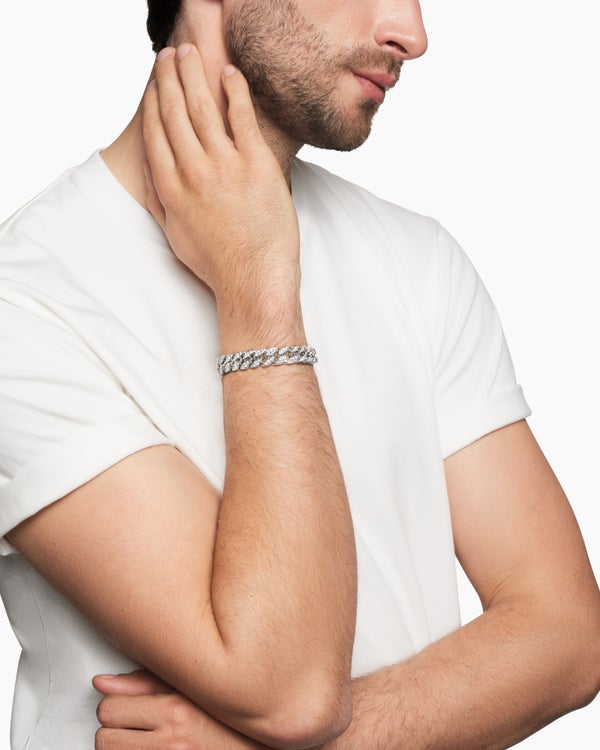 Curb Chain Bracelet in Sterling Silver with Diamonds, 11.5mm