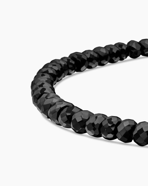 Mens Spiritual Beads Faceted Bracelet in Sterling Silver with Black Spinel, 5mm