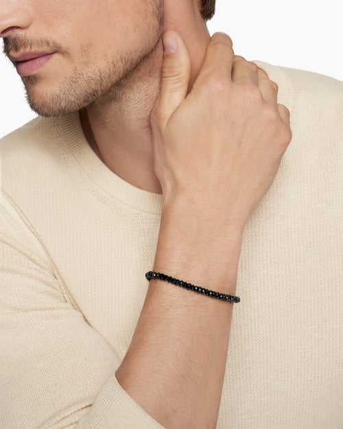 Mens Spiritual Beads Faceted Bracelet in Sterling Silver with Black Spinel, 5mm