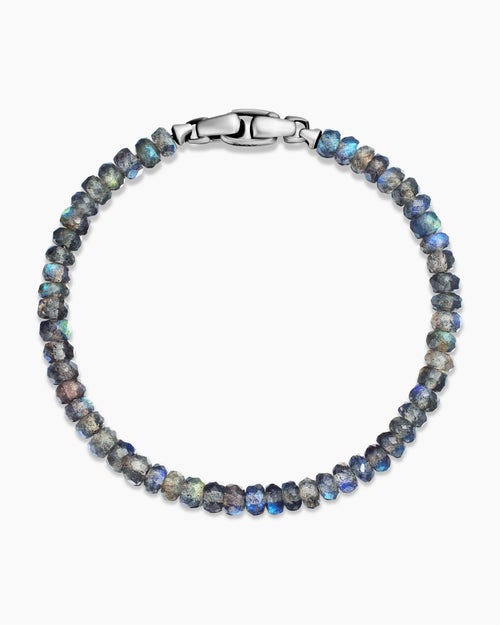 Mens Spiritual Beads Faceted Bracelet in Sterling Silver with Labradorite, 5mm