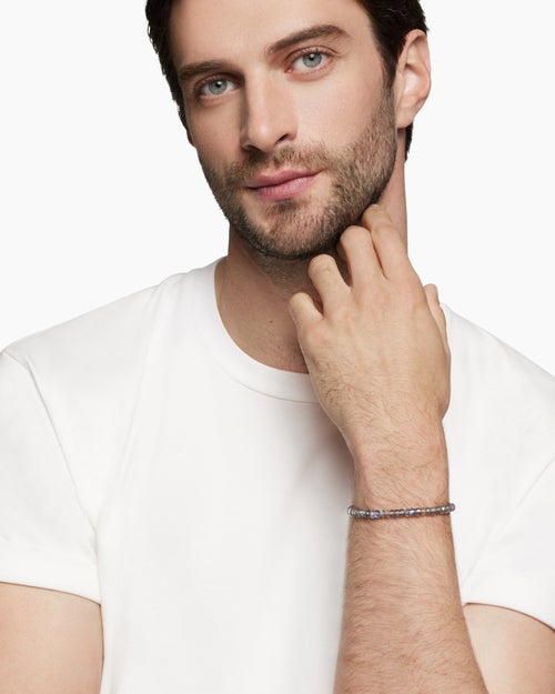 Mens Spiritual Beads Faceted Bracelet in Sterling Silver with Labradorite, 5mm