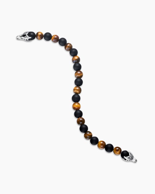 Mens Spiritual Beads Alternating Bracelet in Sterling Silver with Tiger’s Eye and Black Onyx, 8mm