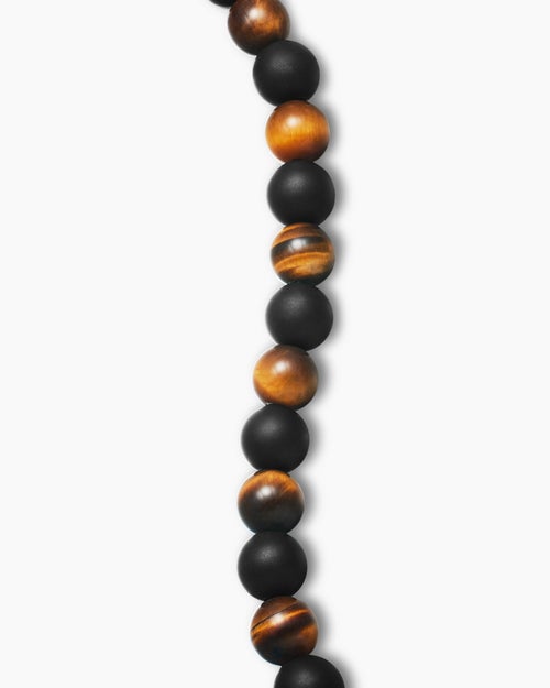 Mens Spiritual Beads Alternating Bracelet in Sterling Silver with Tiger’s Eye and Black Onyx, 8mm