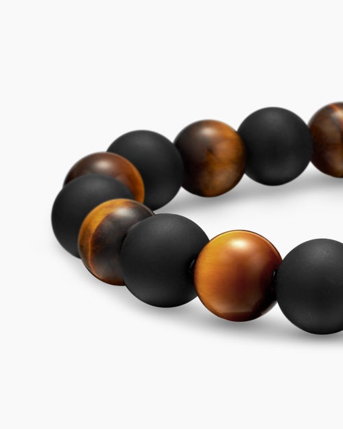 Mens Spiritual Beads Alternating Bracelet in Sterling Silver with Tiger’s Eye and Black Onyx, 8mm