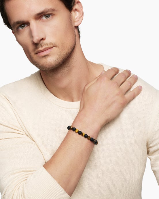 Spiritual Beads Alternating Bracelet in Sterling Silver with Tiger’s Eye and Black Onyx, 8mm