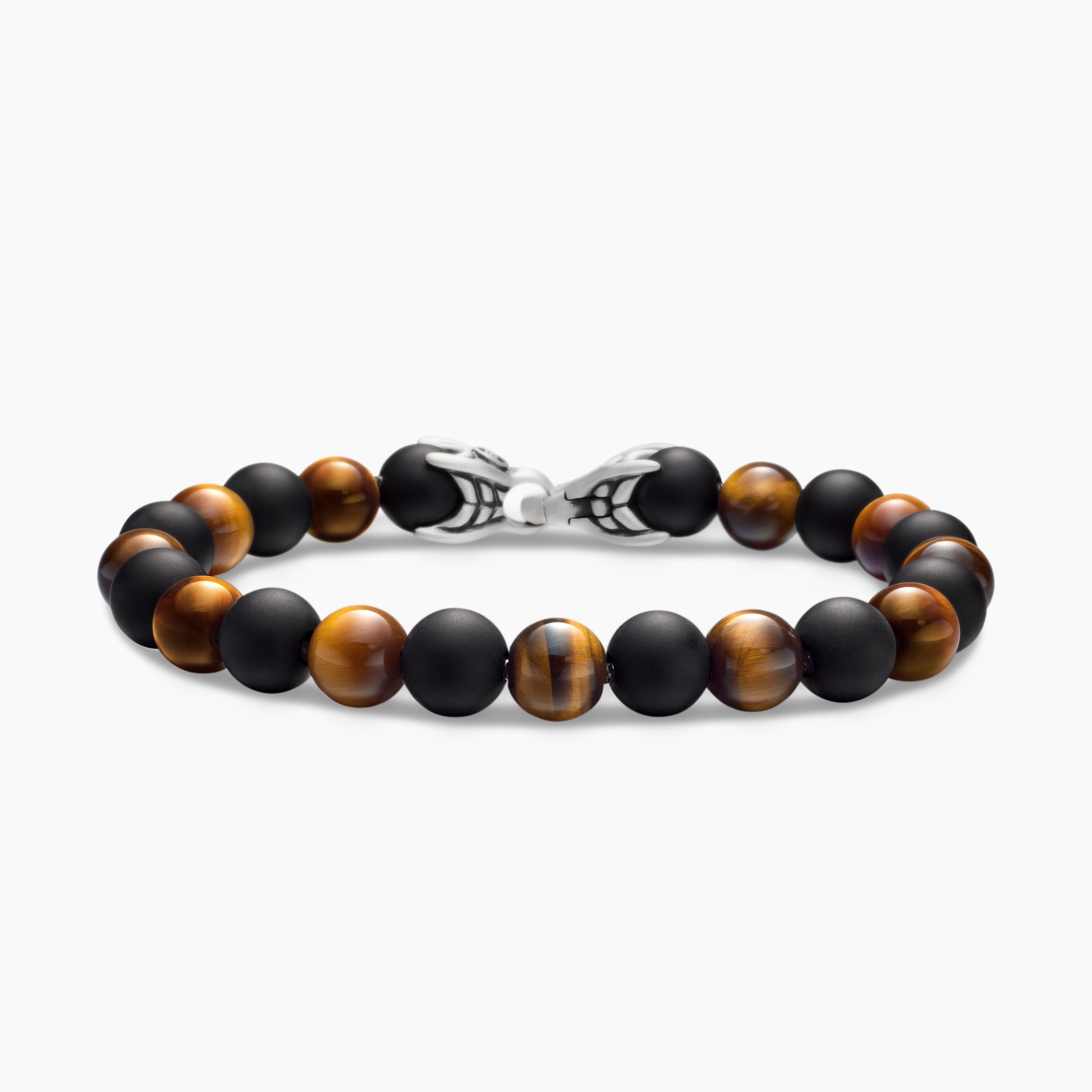 Mens Spiritual Beads Alternating Bracelet in Sterling Silver with Tiger&rsquo;s Eye and Black Onyx, 8mm