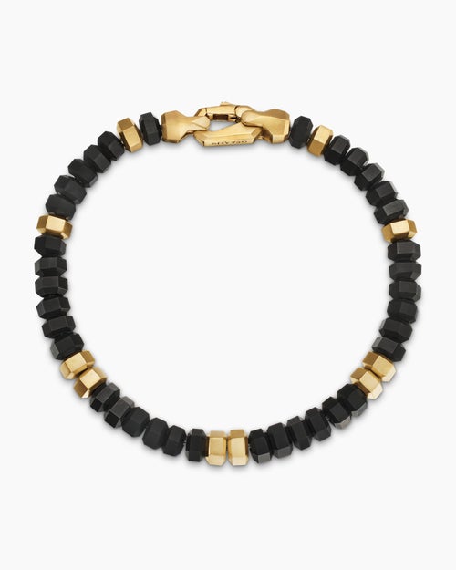 Mens Hex Bead Bracelet with Black Onyx and 18K Yellow Gold, 6mm