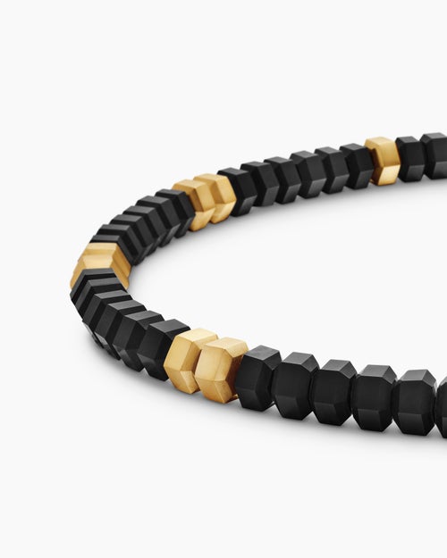 Mens Hex Bead Bracelet with Black Onyx and 18K Yellow Gold, 6mm