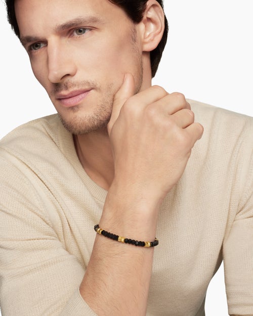 Mens Hex Bead Bracelet with Black Onyx and 18K Yellow Gold, 6mm