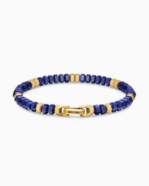 Mens Hex Bead Bracelet with Lapis and 18K Yellow Gold, 6mm