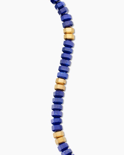 Mens Hex Bead Bracelet with Lapis and 18K Yellow Gold, 6mm