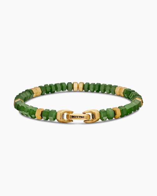 Mens Hex Bead Bracelet with Nephrite Jade and 18K Yellow Gold, 6mm