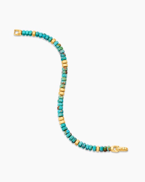 Mens Hex Bead Bracelet with Turquoise and 18K Yellow Gold, 6mm