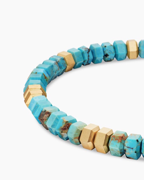 Mens Hex Bead Bracelet with Turquoise and 18K Yellow Gold, 6mm