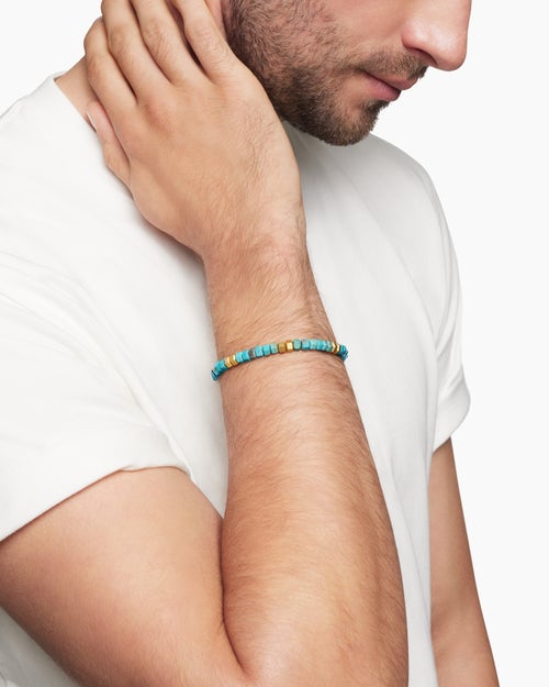 Mens Hex Bead Bracelet with Turquoise and 18K Yellow Gold, 6mm