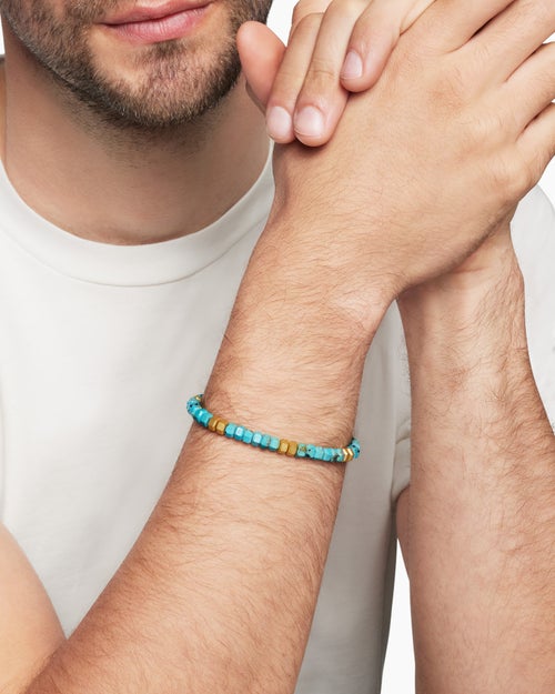 Mens Hex Bead Bracelet with Turquoise and 18K Yellow Gold, 6mm