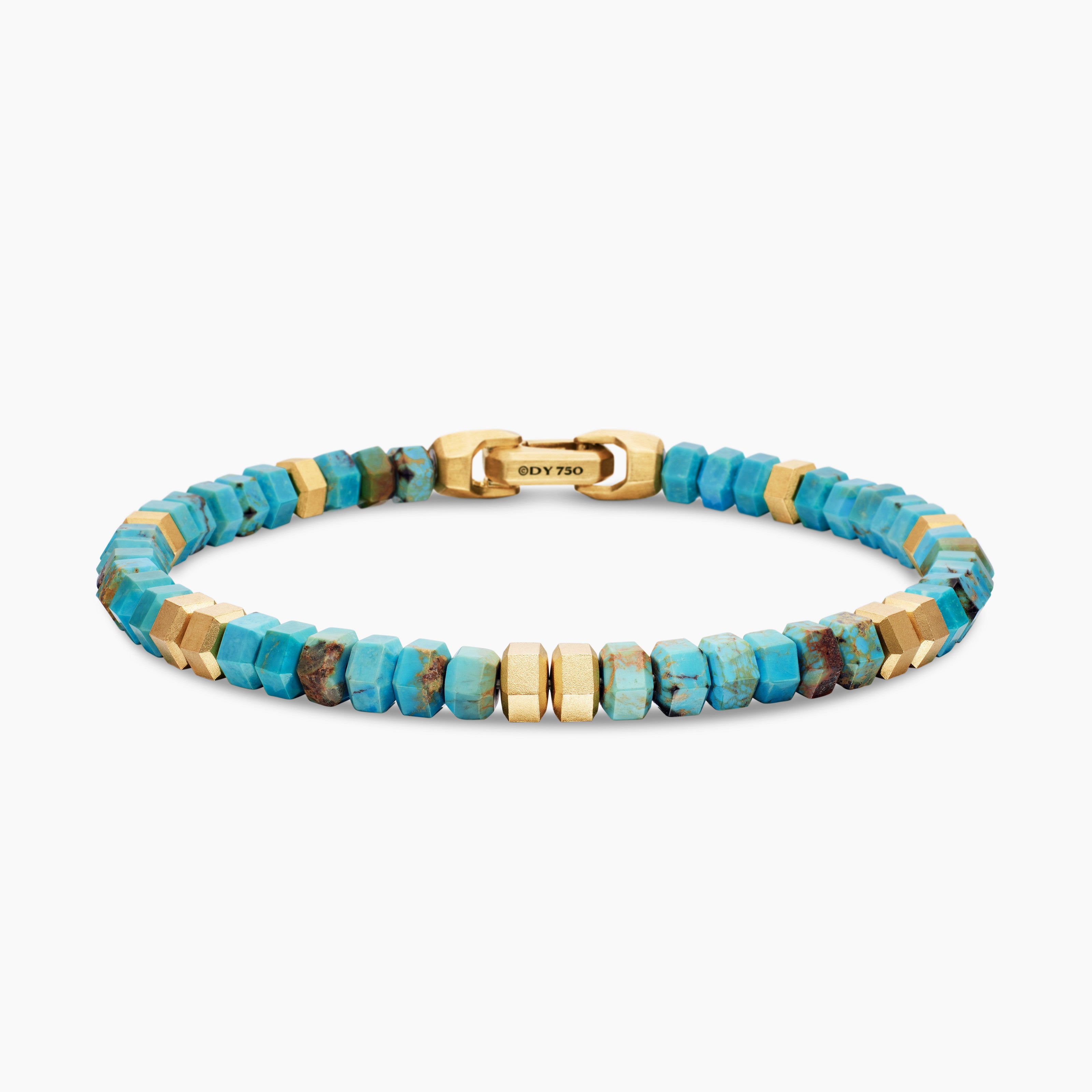 Mens Hex Bead Bracelet with Turquoise and 18K Yellow Gold, 6mm