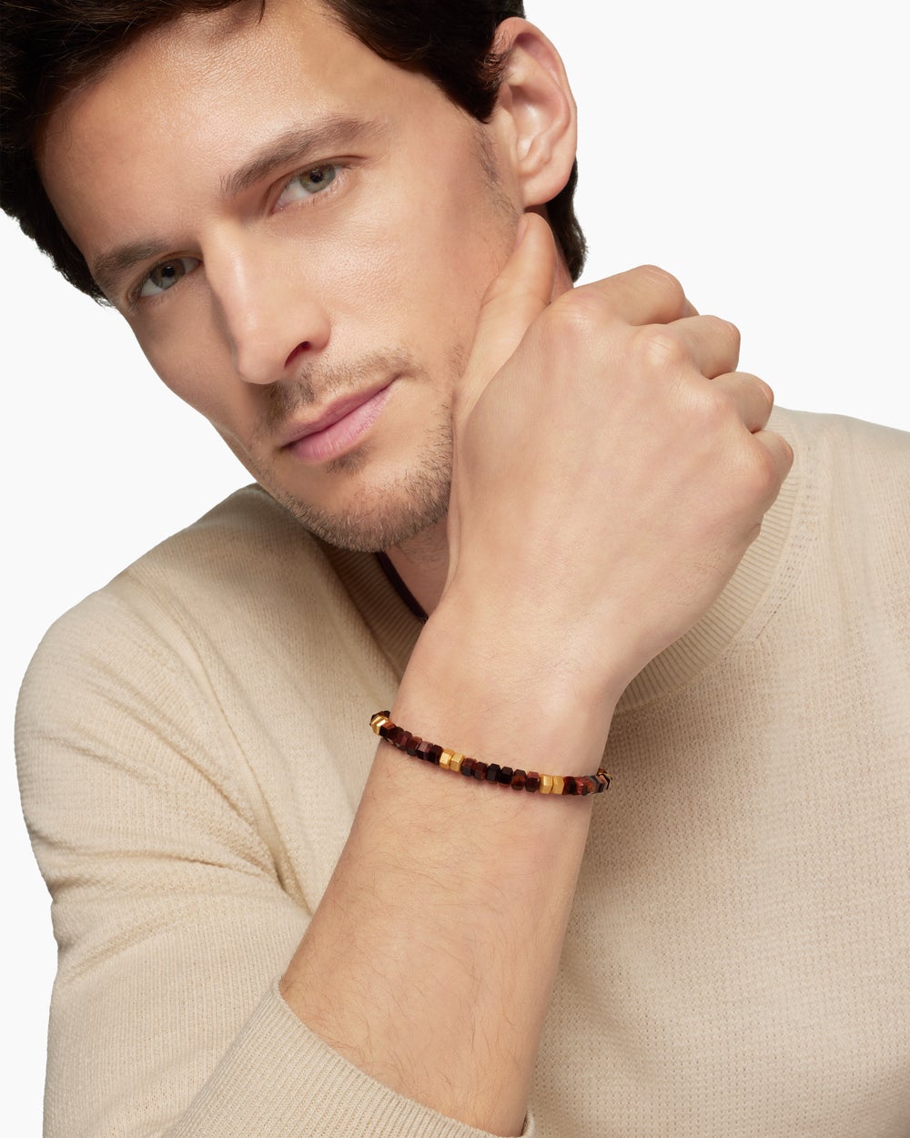 Mens Hex Bead Bracelet with 18K Yellow Gold, 6mm