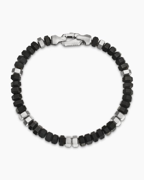 Mens Hex Bead Bracelet in Sterling Silver with Black Onyx, 6mm