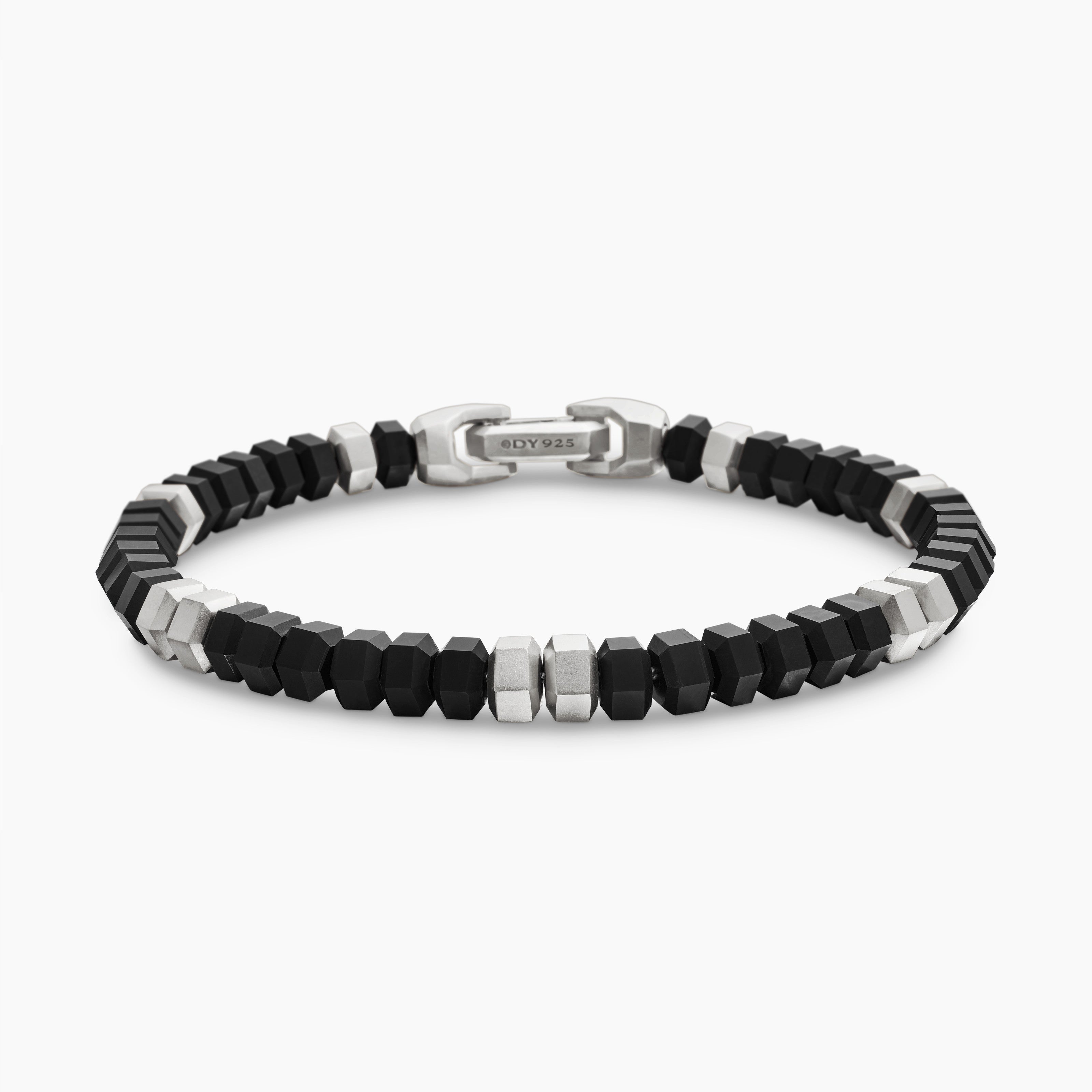 Mens Hex Bead Bracelet in Sterling Silver, 6mm