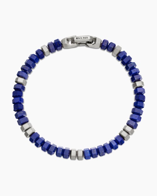 Mens Hex Bead Bracelet in Sterling Silver with Lapis, 6mm